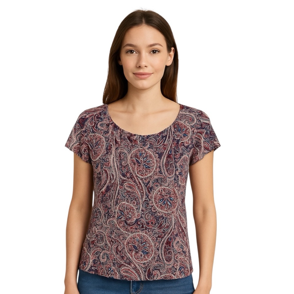 Roz & Ali Blouse Burgundy Navy Cream Paisley Short Sleeve Size Petite Large